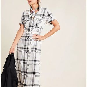 Anthropologie Cloth & Stone Hannah Midi White Plaid Linen Shirt Dress Size Med